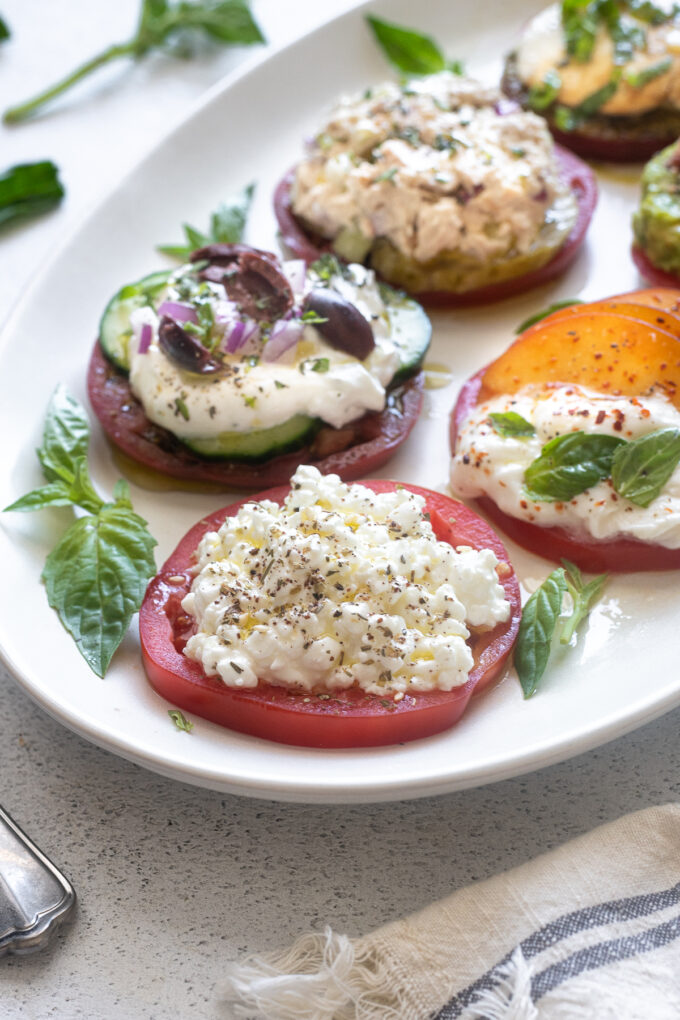 Heirloom tomato flight with cottage cheese topping.