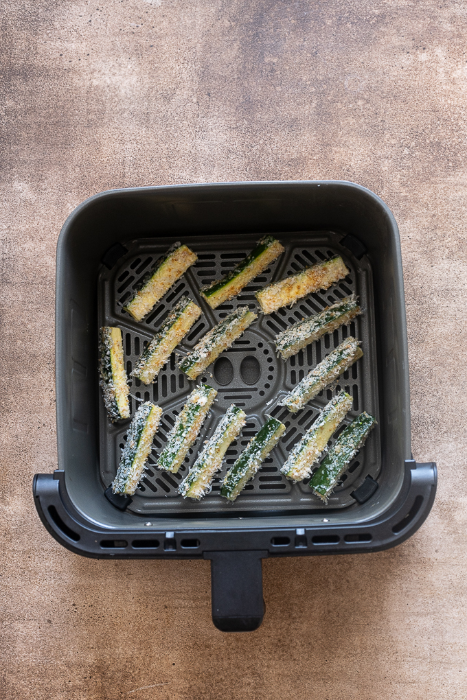 Cooked zucchini fries in the air fryer.