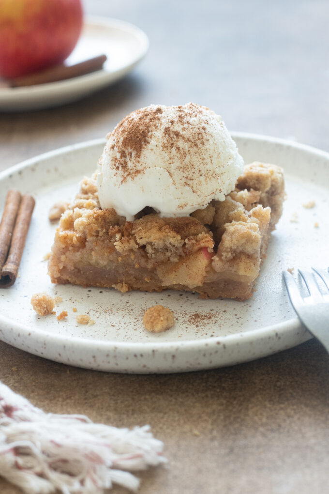 Apple pie bars with vanilla ice cream and cinnamon on top.