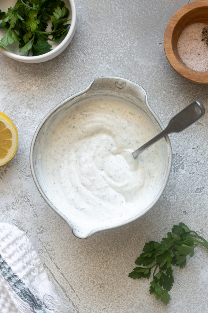 Ranch dressing using Greek yogurt in a bowl.