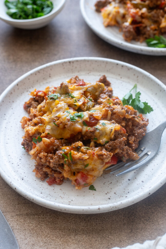 Serving of ground beef and rice casserole on a plate.