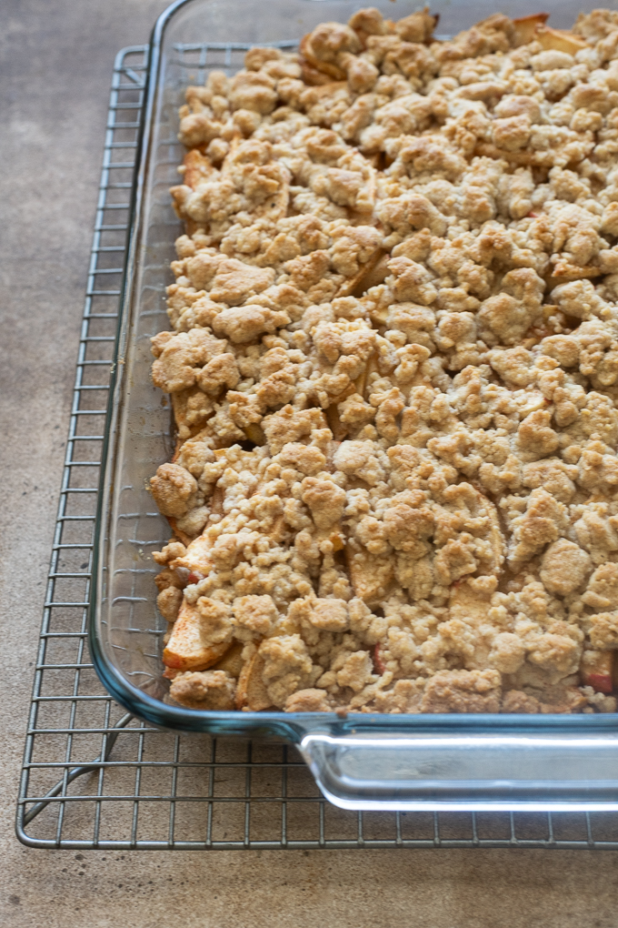 Apple pie bars baked in 13x9" baking dish.