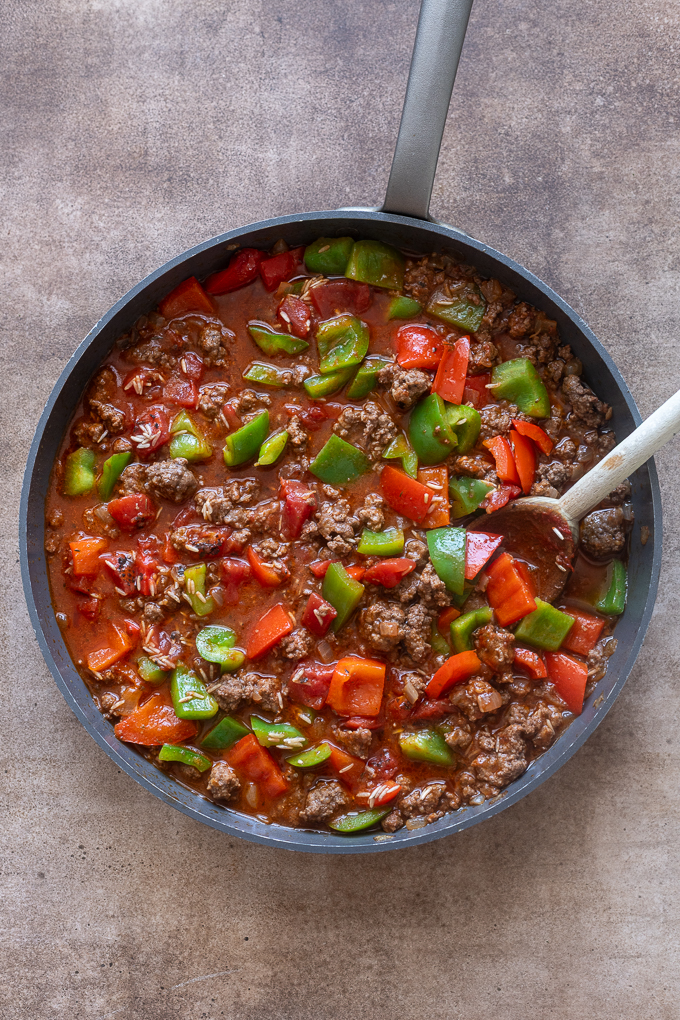 Stuffed pepper casserole before simmering.