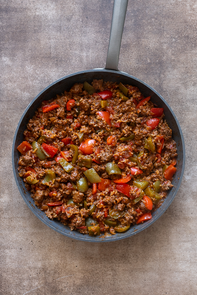 Stuffed pepper casserole before topping with cheese.