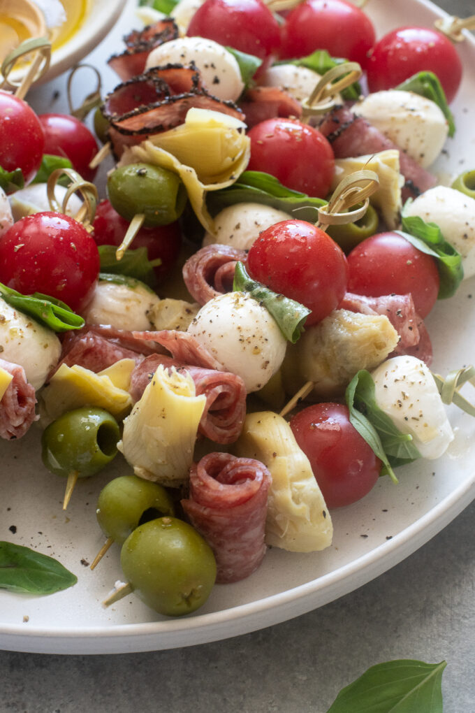 Mini Antipasto Skewers on a platter.
