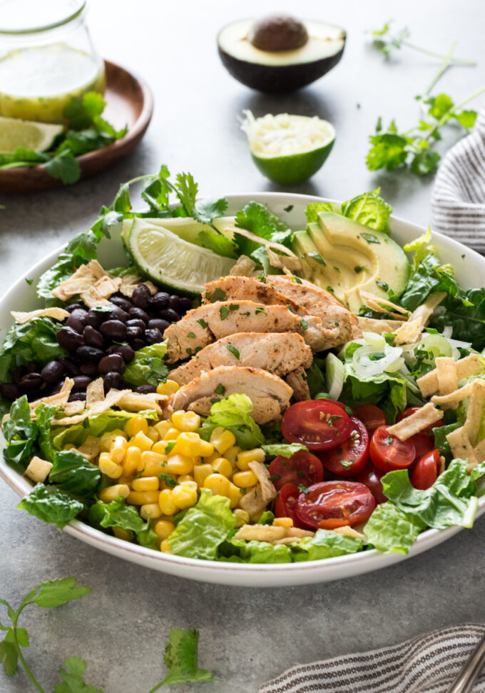 Santa fe chicken salad with black beans, corn and lime dressing.