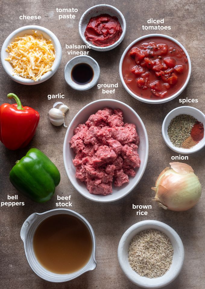 Stuffed pepper casserole recipe ingredients.