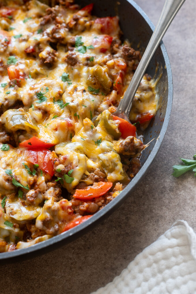 Stuffed pepper casserole with rice.