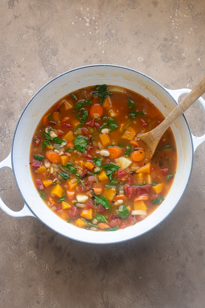 Fall vegetable soup with kale added.