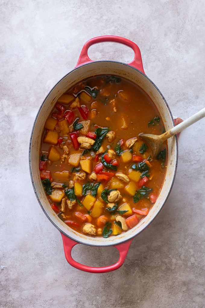 Moroccan soup with chickpeas in Dutch oven after cooking.