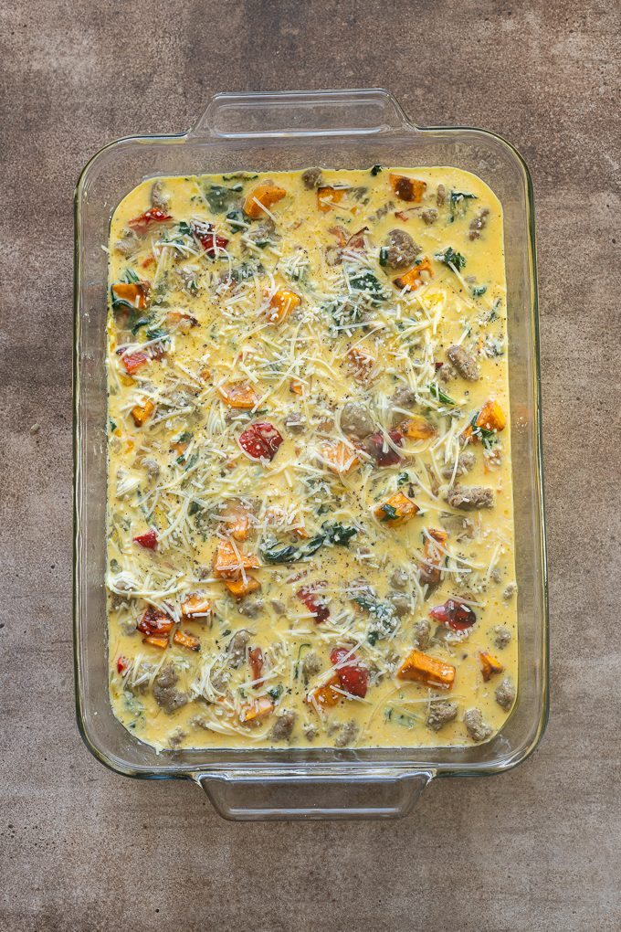 Sausage and egg breakfast casserole before baking.