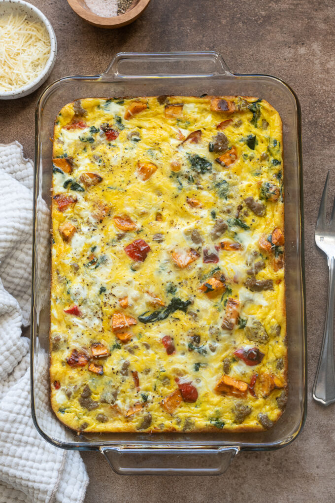 Sausage breakfast casserole in baking dish.