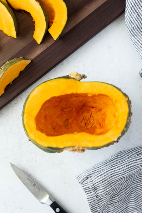 Halved kabocha with seeds removed.