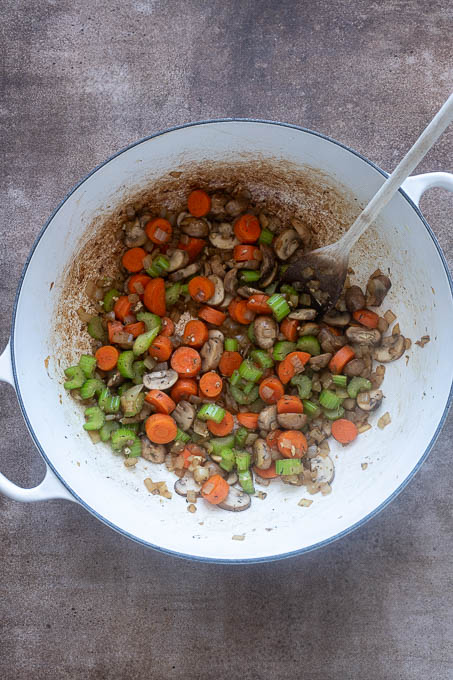 Sauteed vegetables for chicken wild rice soup recipe.