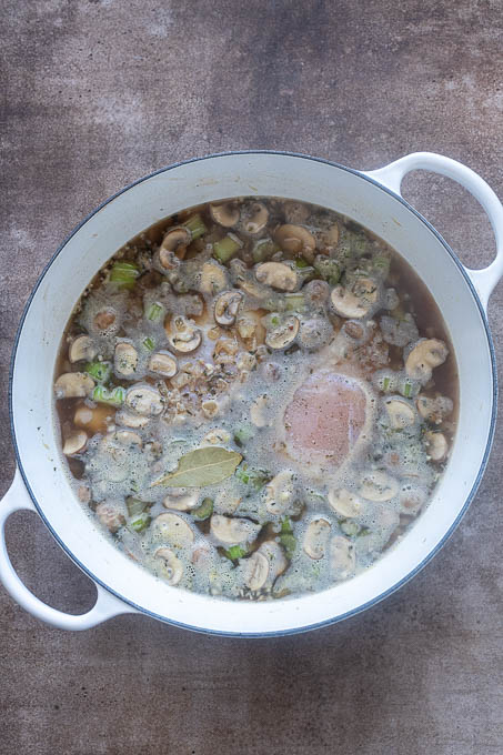 Broth, chicken and wild rice added to pot for chicken wild rice soup.