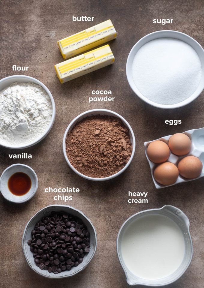 Chocolate ganache brownies recipe ingredients.