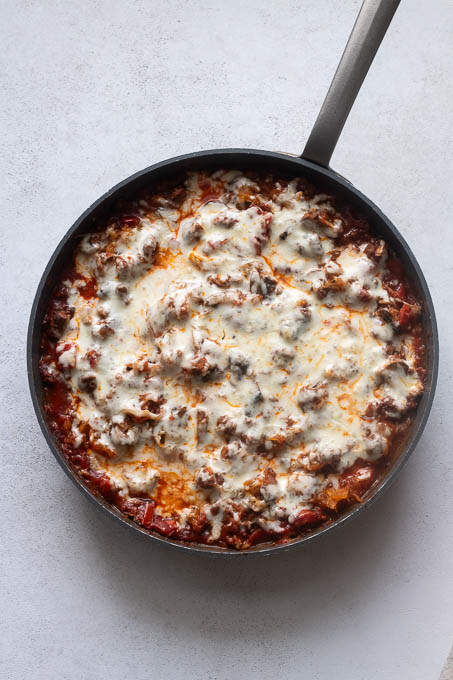 Spaghetti squash casserole in skillet after baking.