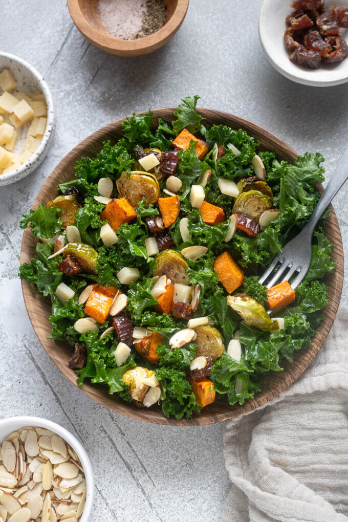 Winter roasted vegetable salad with kale, sweet potatoes and brussels sprouts.