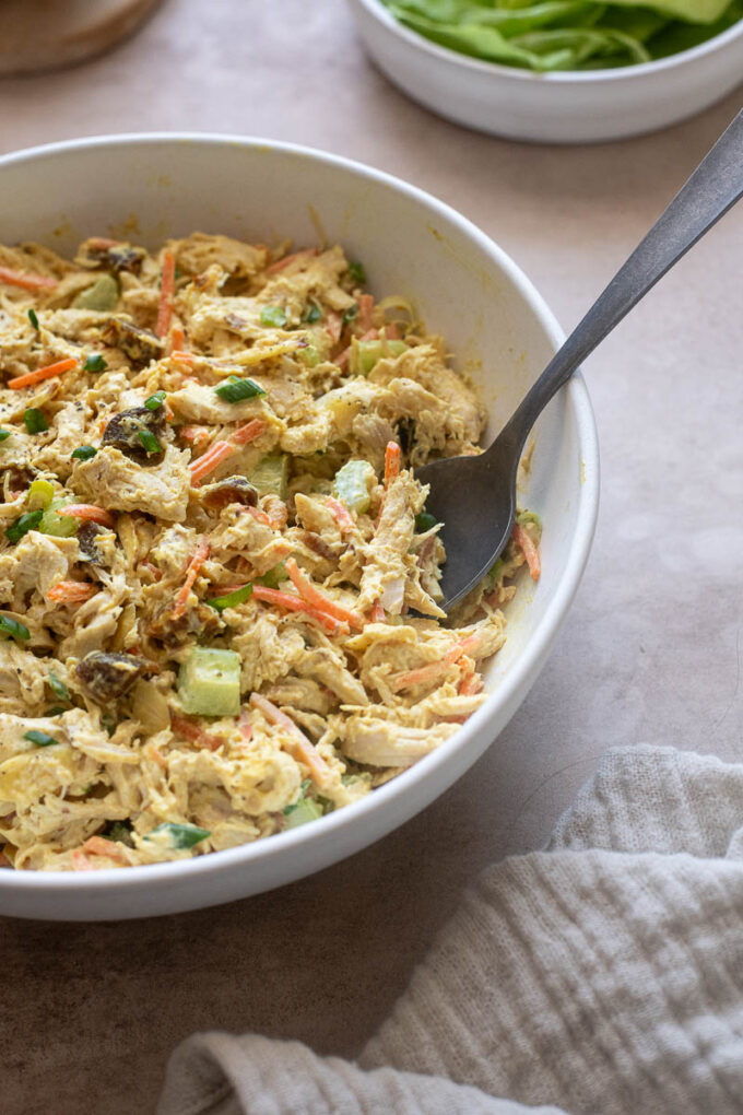 Spoonful of chicken salad with curry.