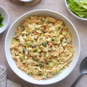 Curry chicken salad in a serving bowl.