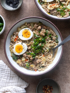 Ground pork ramen with bok choy, shiitake mushrooms, and topped with soft boiled eggs.