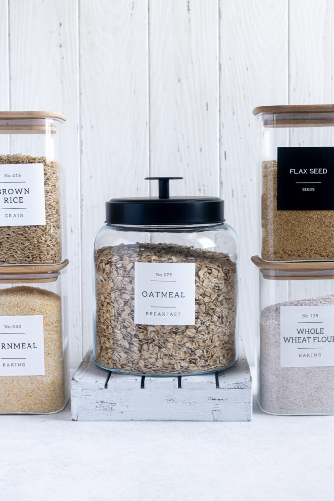 Variety of flours and grains including rolled oats, whole wheat flour, cornmeal and flaxseed meal.