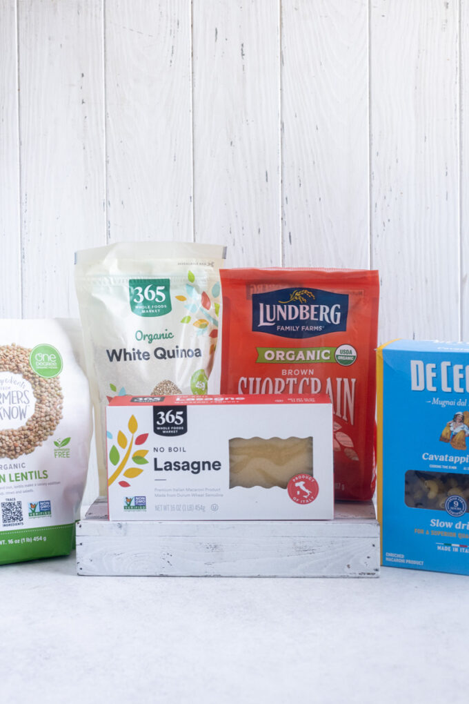 Whole grains, pasta and legumes including quinoa, brown rice, dried pasta and lentils.