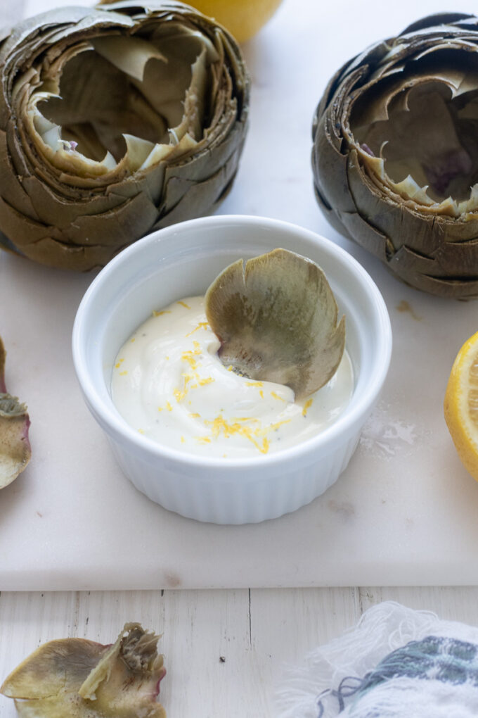 Artichoke leaf dunked in lemon garlic aioli.