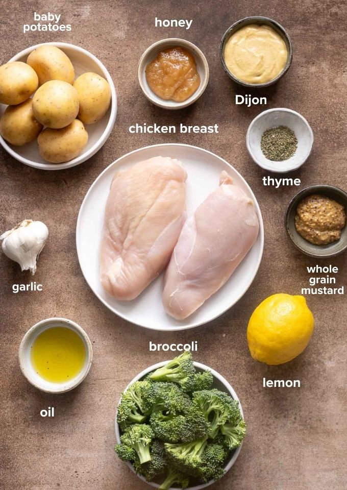 Ingredients for sheet pan Honey mustard chicken with potatoes and broccoli.