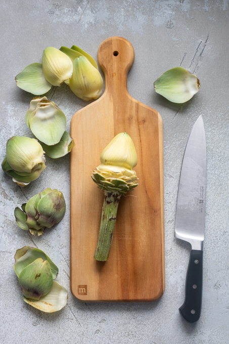 Artichoke with tough outer leaves removed for Roman artichokes.