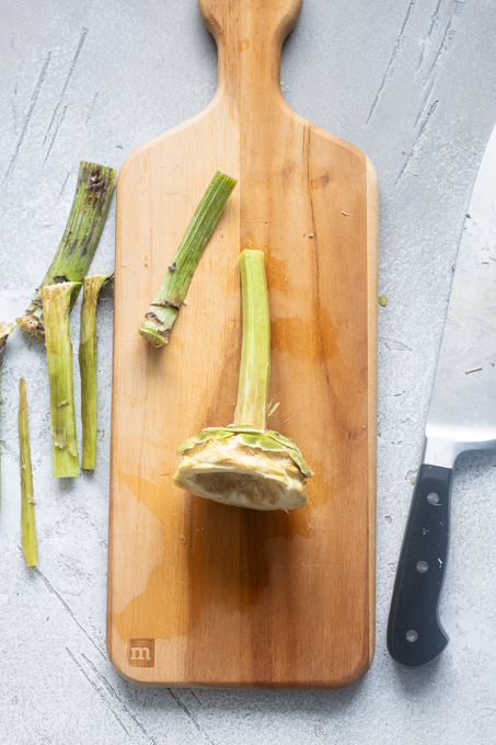 Stem and base of Roman artichokes trimmed.
