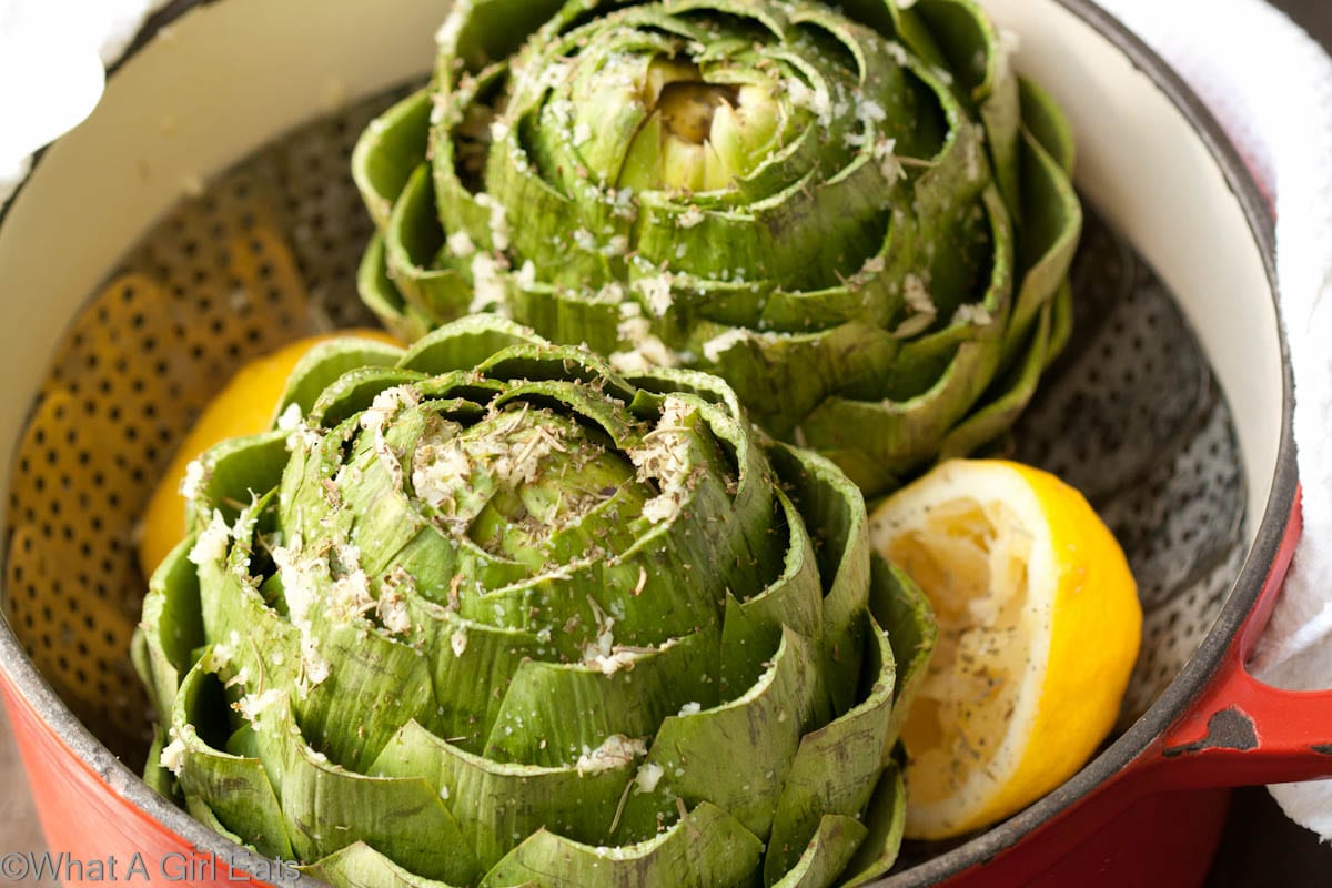 Mediterranean steamed artichokes by What a Girl Eats.