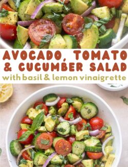 Avocado tomato cucumber salad with basil and lemon vinaigrette pin.