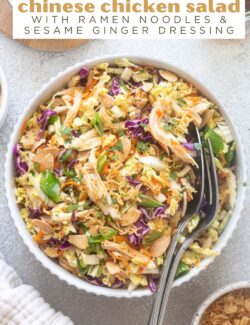 Chinese chicken salad with ramen noodles and sesame ginger dressing pin.