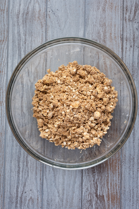 Oat crumble in a mixing bowl.