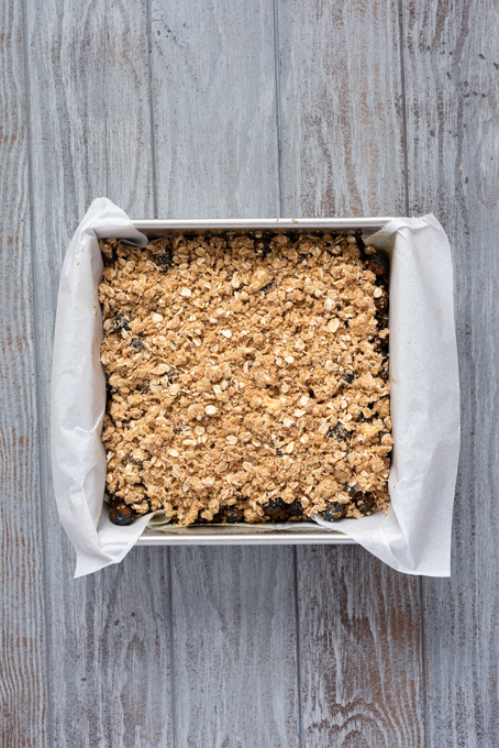 Blueberry crumble bars before baking.