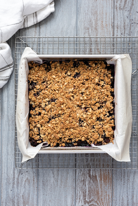 Blueberry crumble bars after baking.