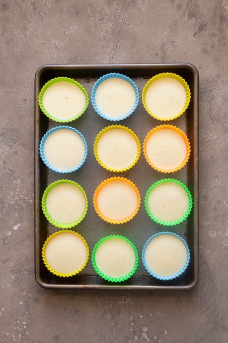 Blended egg and cottage cheese mixture in silicone muffin molds.