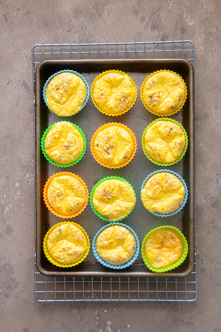 Baked cottage cheese egg bites in silicone muffin molds.