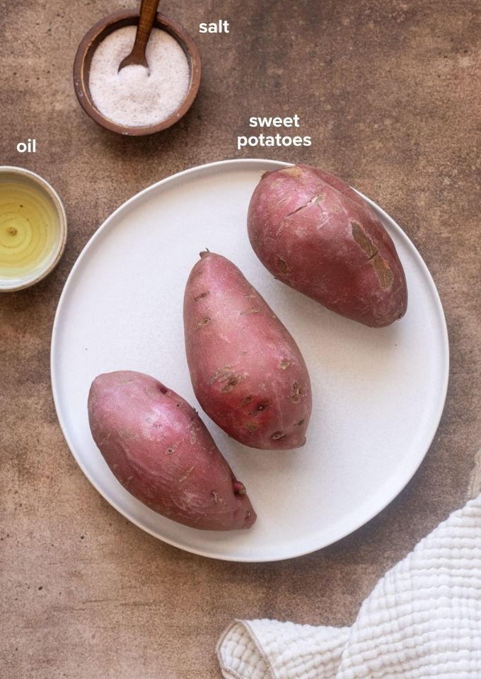 Ingredients for caramelized roasted sweet potato halves.