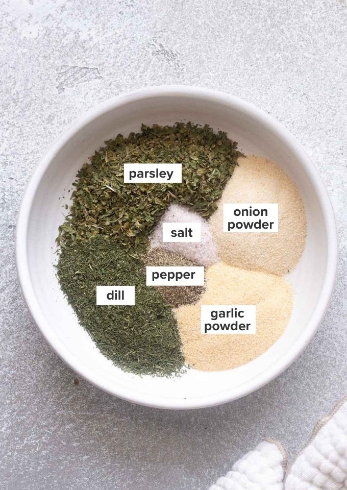 Ranch seasoning ingredients sectioned out and labelled.
