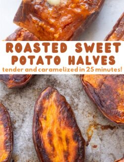Roasted sweet potato halves long pin.