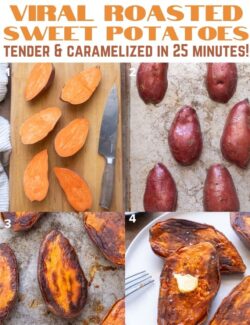 Viral roasted sweet potatoes collage.