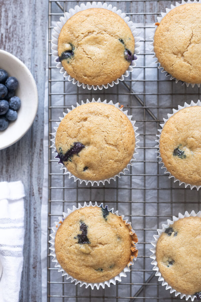 Oat flour muffins with blueberries on a wire rack.