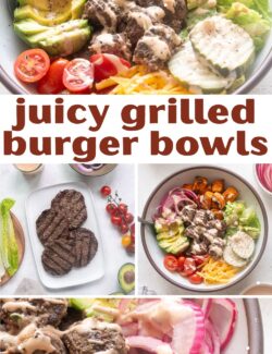 Juicy grilled burger bowls collage pin.