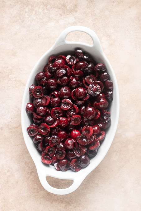 Cherry filling for cherry crisp in greased baking dish.
