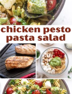 Chicken pesto pasta salad collage pin.