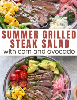 Summer grilled steak salad with corn and avocado pin.