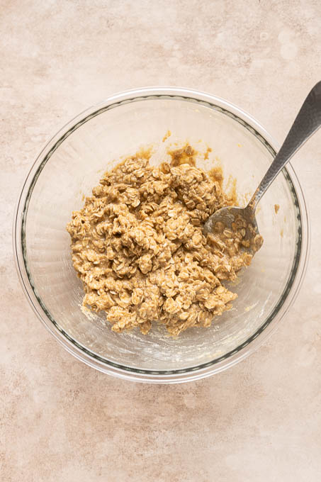 Prepare oat crumble topping for cherry crisp.