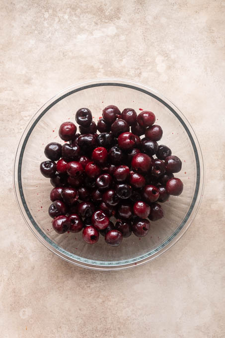 Pitted cherries for fresh cherry crisp.